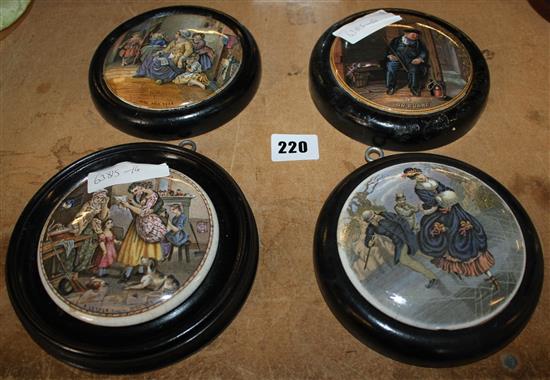 4 pot lids - Hide & Seek, On Guard, A Letter from the Diggins and a lady skating